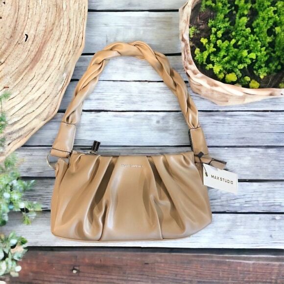 Max studio Tan Soft Puffy Pleated Style Vegan Leather Shoulder Bag New - Picture 1 of 8